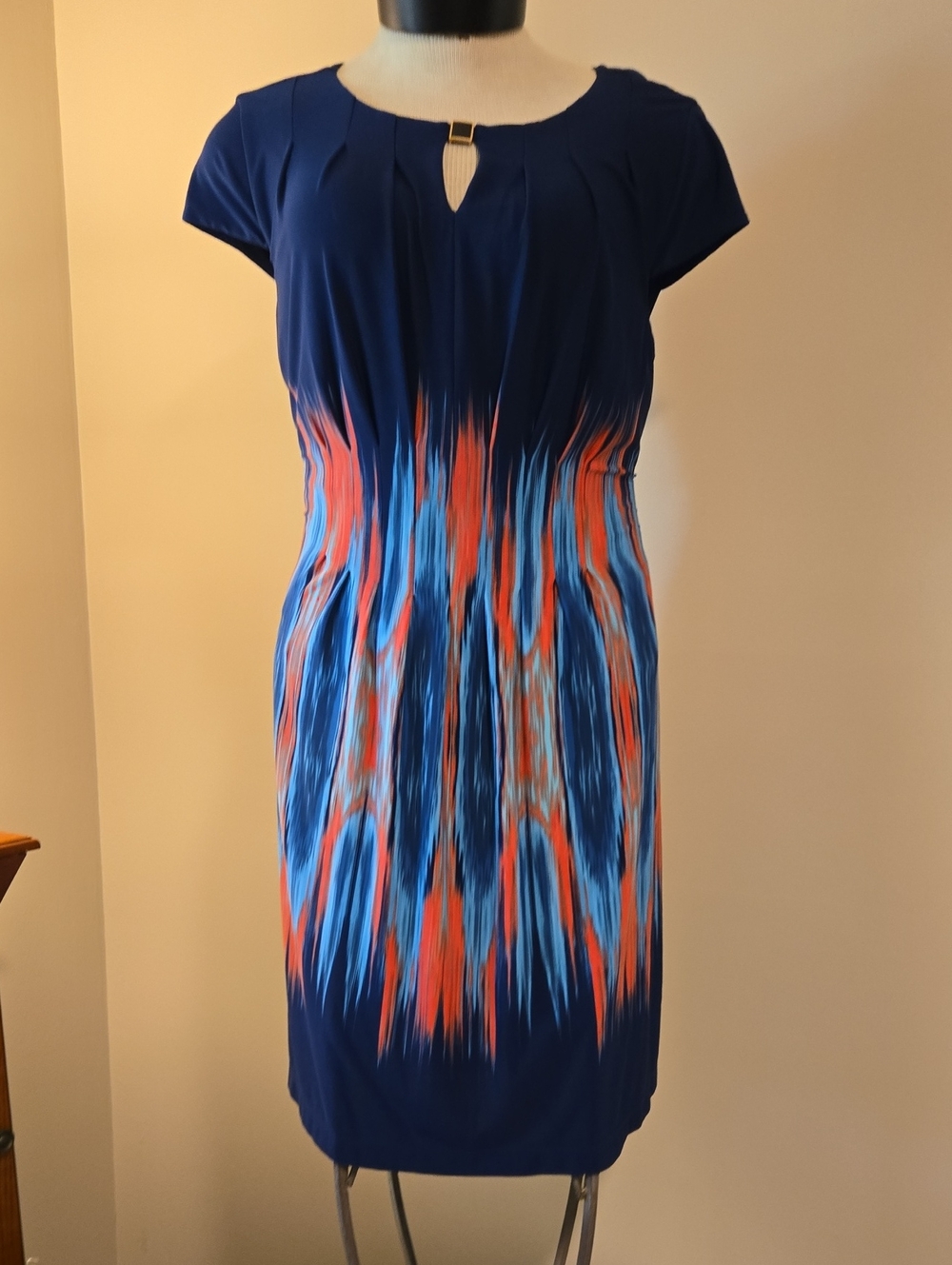 Tahari Navy Blue Midi Dress with Coral and Light Blue Accent Print